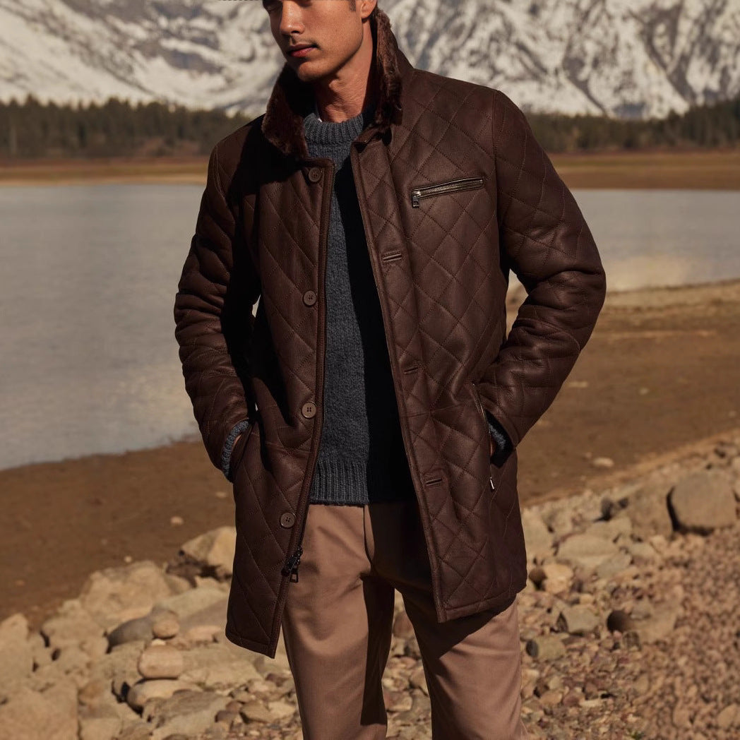 Men's quilted lamb leather coat with plush collar Lisslune