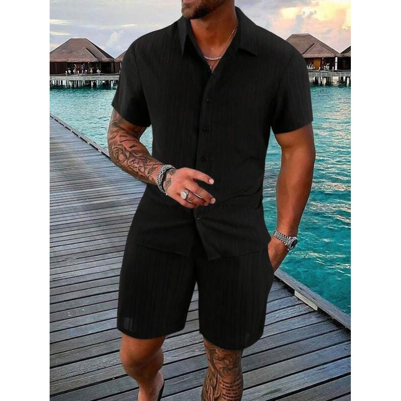 Men's short-sleeve leisure suit with textured design and elastic waistband Lisslune