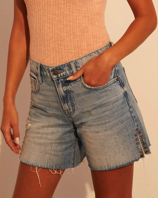 Women's fashionable destroyed denim shorts with stud embellishment Lisslune