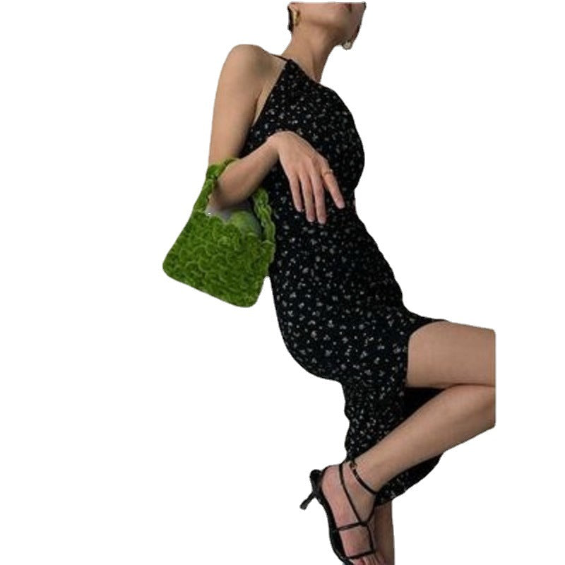 Ladies floral dress with deep back neckline and asymmetric hem