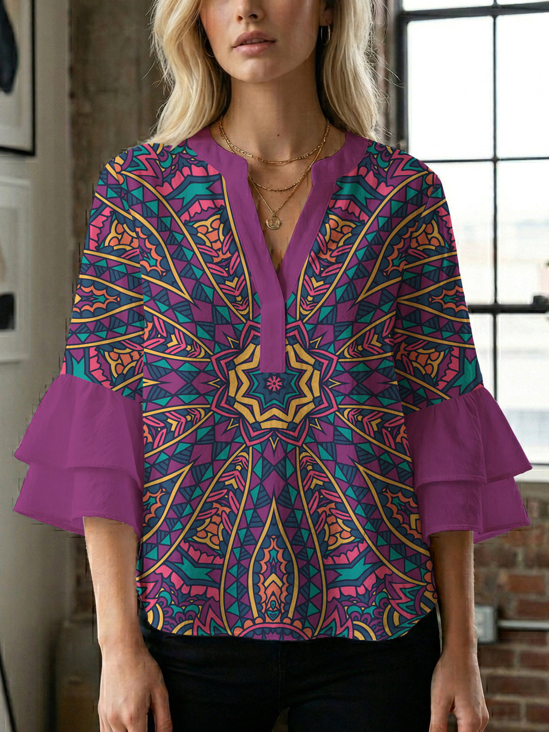 Ladies elegant blouse shirt with voluminous puff sleeves and graphic floral design Lisslune