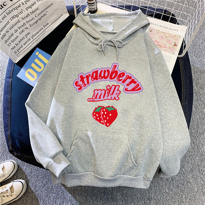 Ladies hooded sweatshirt with cheerful strawberry milk design Lisslune