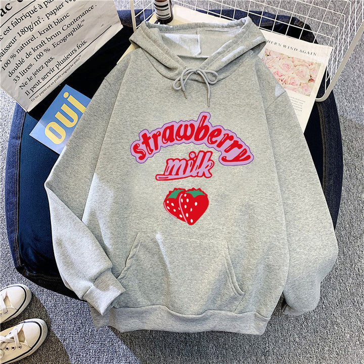 Ladies hooded sweatshirt with cheerful strawberry milk design Lisslune