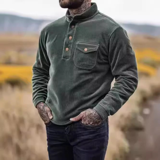 Men's Warm-keeping Cord Sweater with Button Placket and Chest Pocket Lisslune