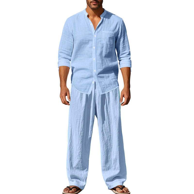 Men's casual linen outfit with button placket and elastic waistband Lisslune