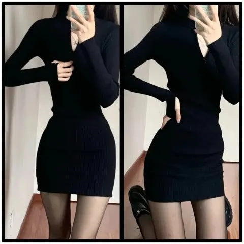 Ladies fitted mini dress with modern zipper and ribbed texture Lisslune
