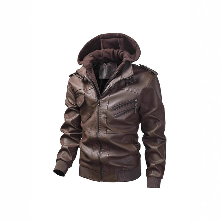 Men's synthetic leather jacket with detachable hood and multifunctional pockets Lisslune