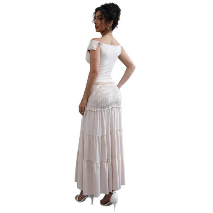 Ladies Off-Shoulder Maxi Dress with Ruffled Skirt and Romantic Design
