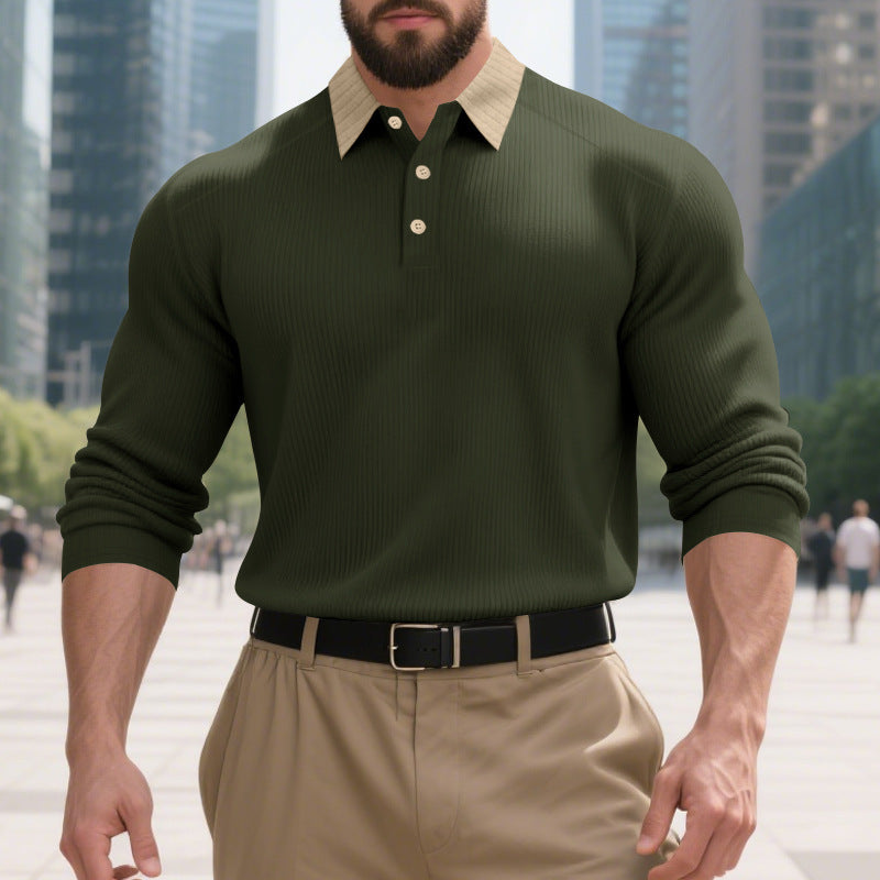 Men's long sleeve polo shirt with textured collar and decorative button closure Lisslune
