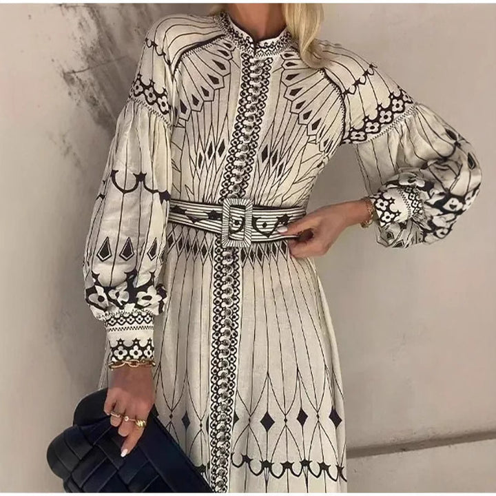 Ladies Elegant Shirt Dress with Graphic Pattern and Swinging Sleeves