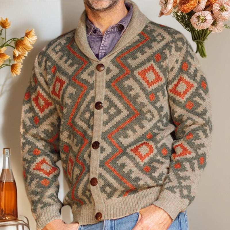 Men's cardigan with geometric pattern and cozy shawl collar Lisslune
