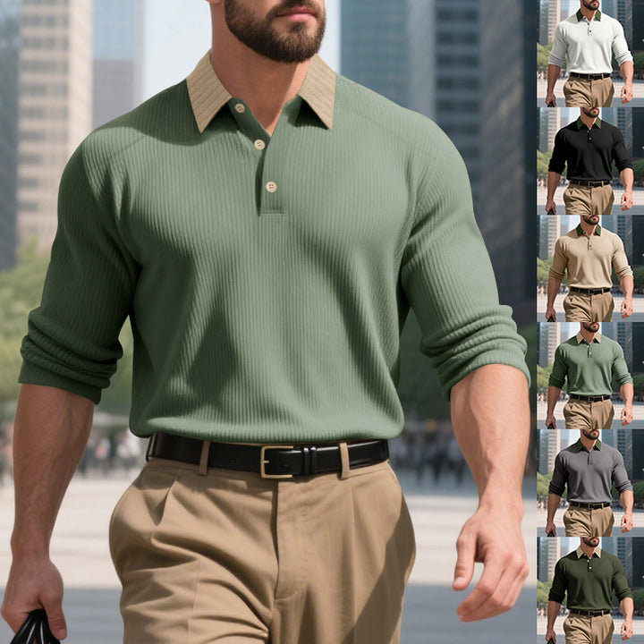 Men's long sleeve polo shirt with textured collar and decorative button closure Lisslune