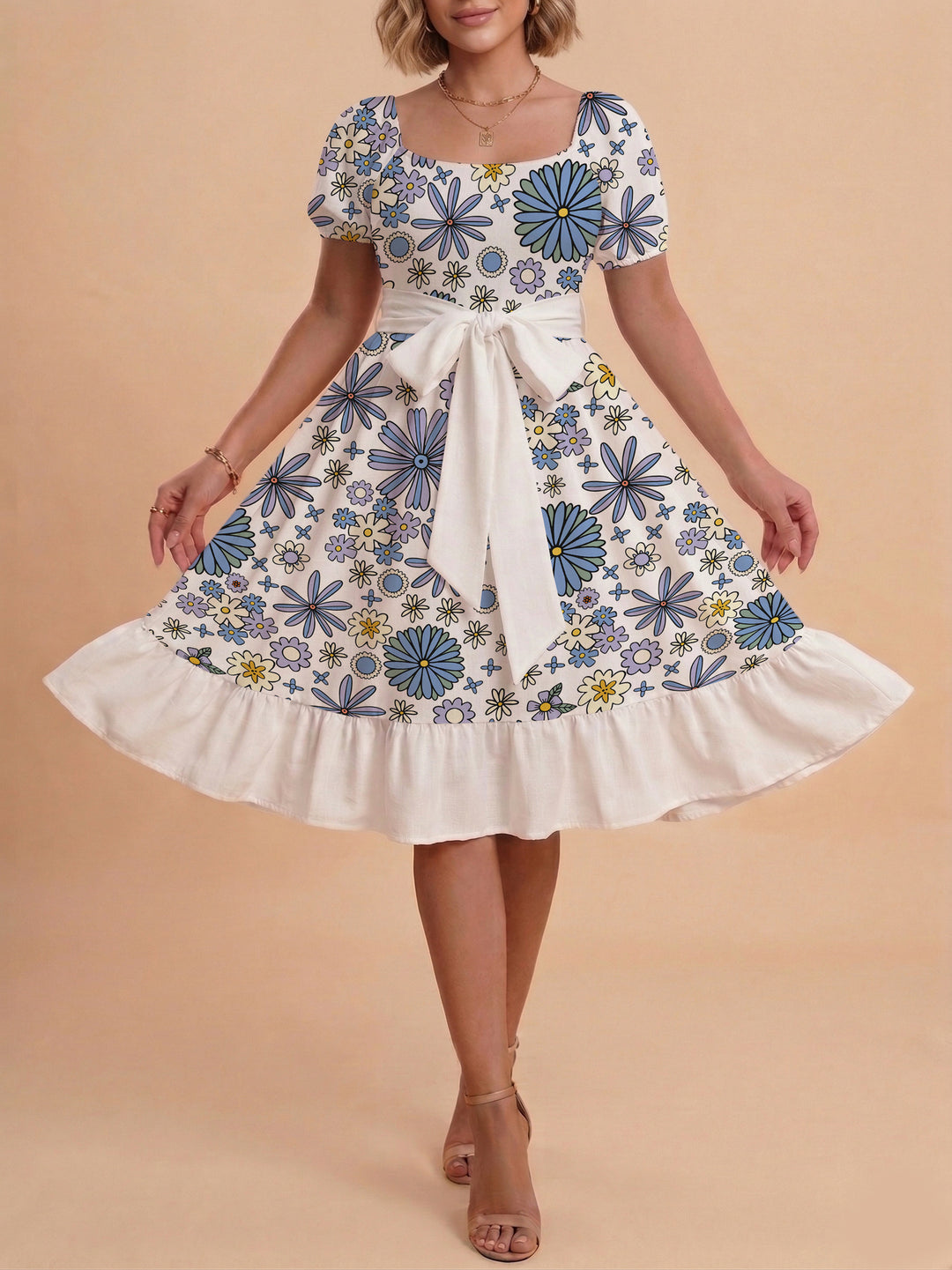 Women's floral dress with adjustable belt and voluminous sleeves Lisslune