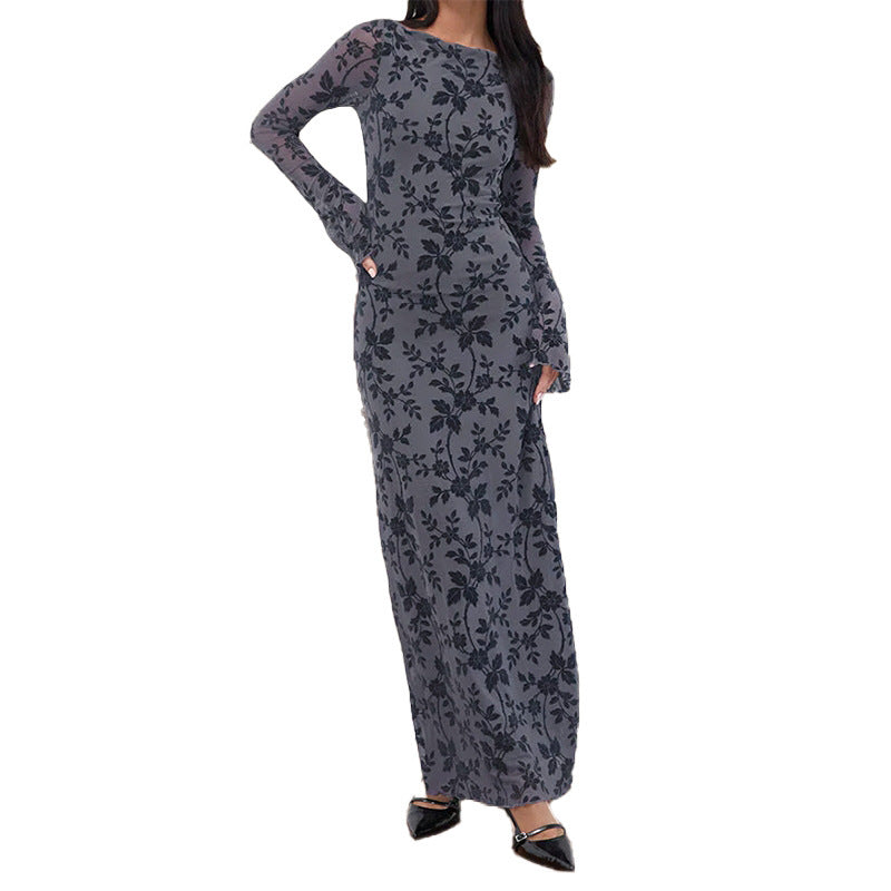Ladies elegant maxi dress with floral appliqués and transparent sleeves Lune London