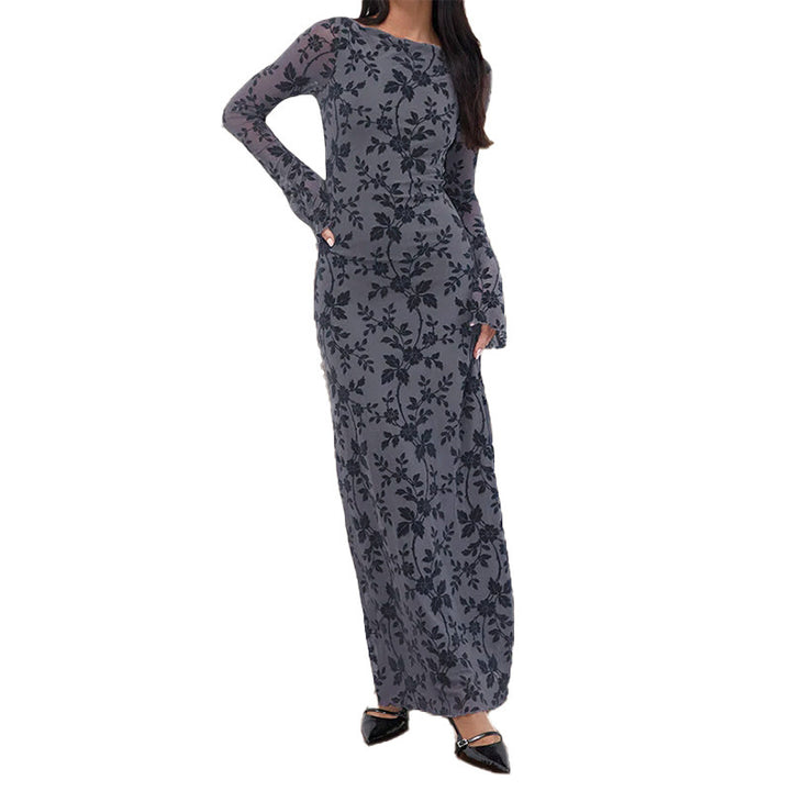 Ladies elegant maxi dress with floral appliqués and transparent sleeves Lune London