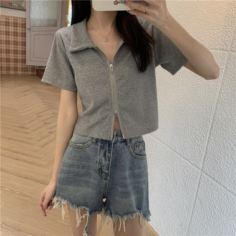 Women Cropped Polo Shirt with Zipper and Textured Finish Lisslune
