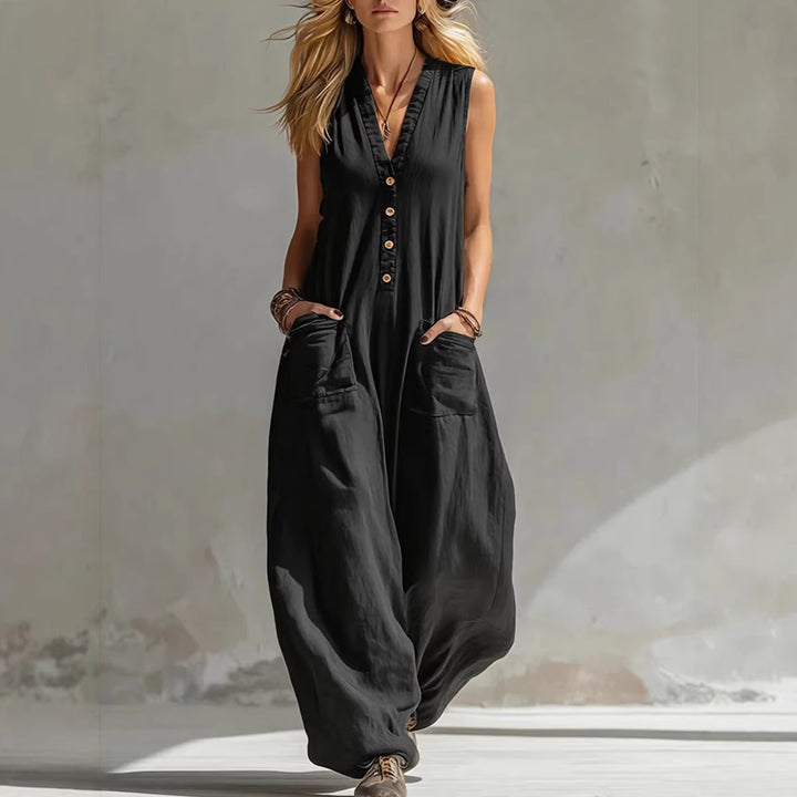 Damen Jumpsuit mit tiefem V-Ausschnitt und praktischen Taschen Lisslune