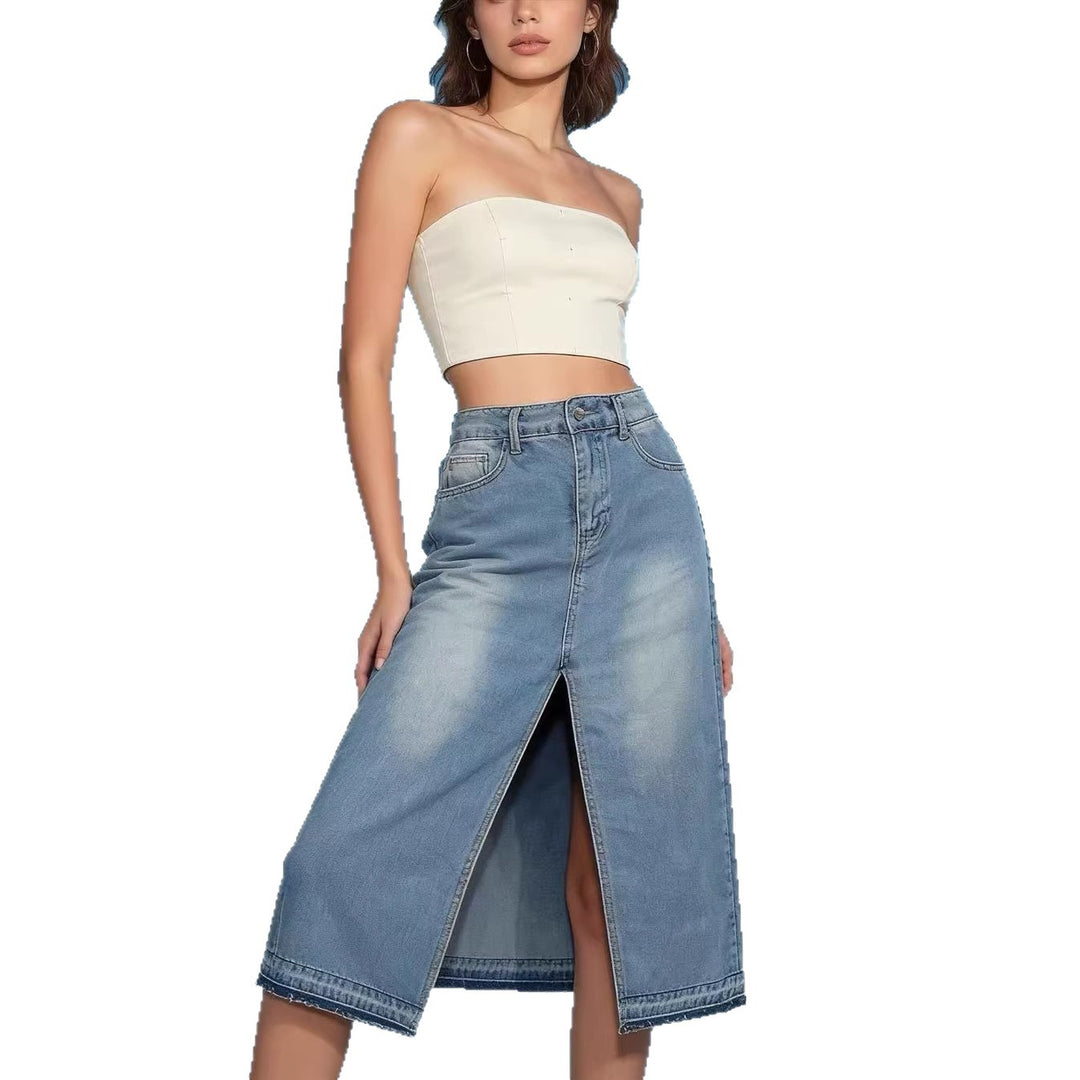 Women's Midi Denim Skirt with High Slit and Frayed Hem Lisslune