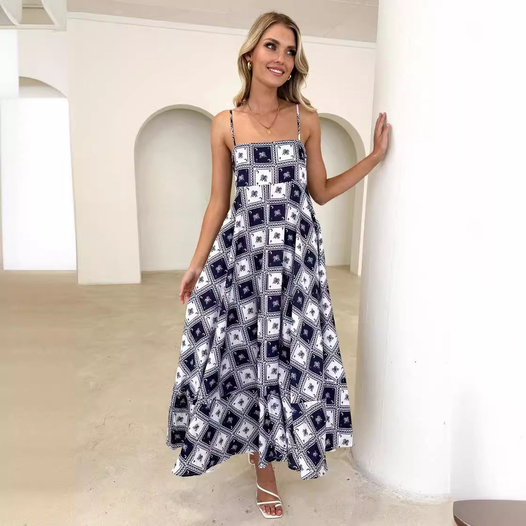 Ladies maxi dress with modern graphic patterns and thin straps Lisslune