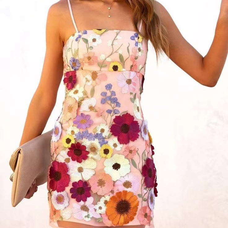 Women's lace elegant cocktail dress with floral 3D applications