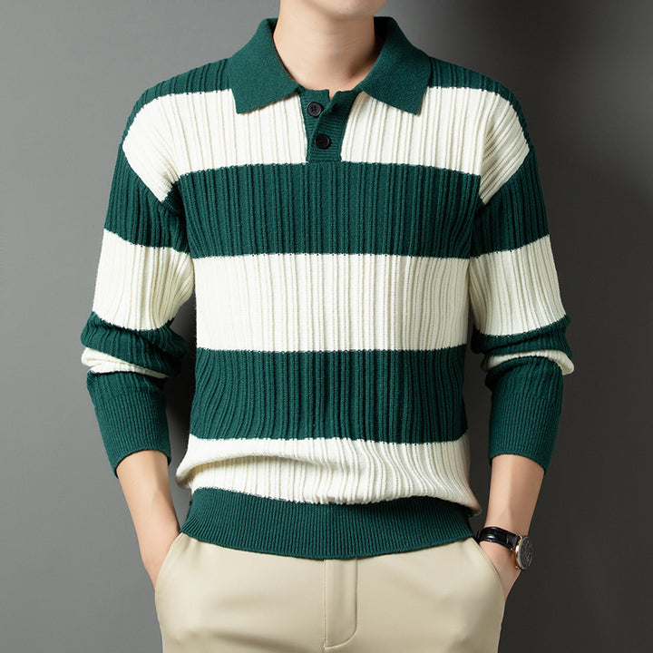 Men's Pullover with Textured Striped Pattern and Fashionable Collar Lisslune