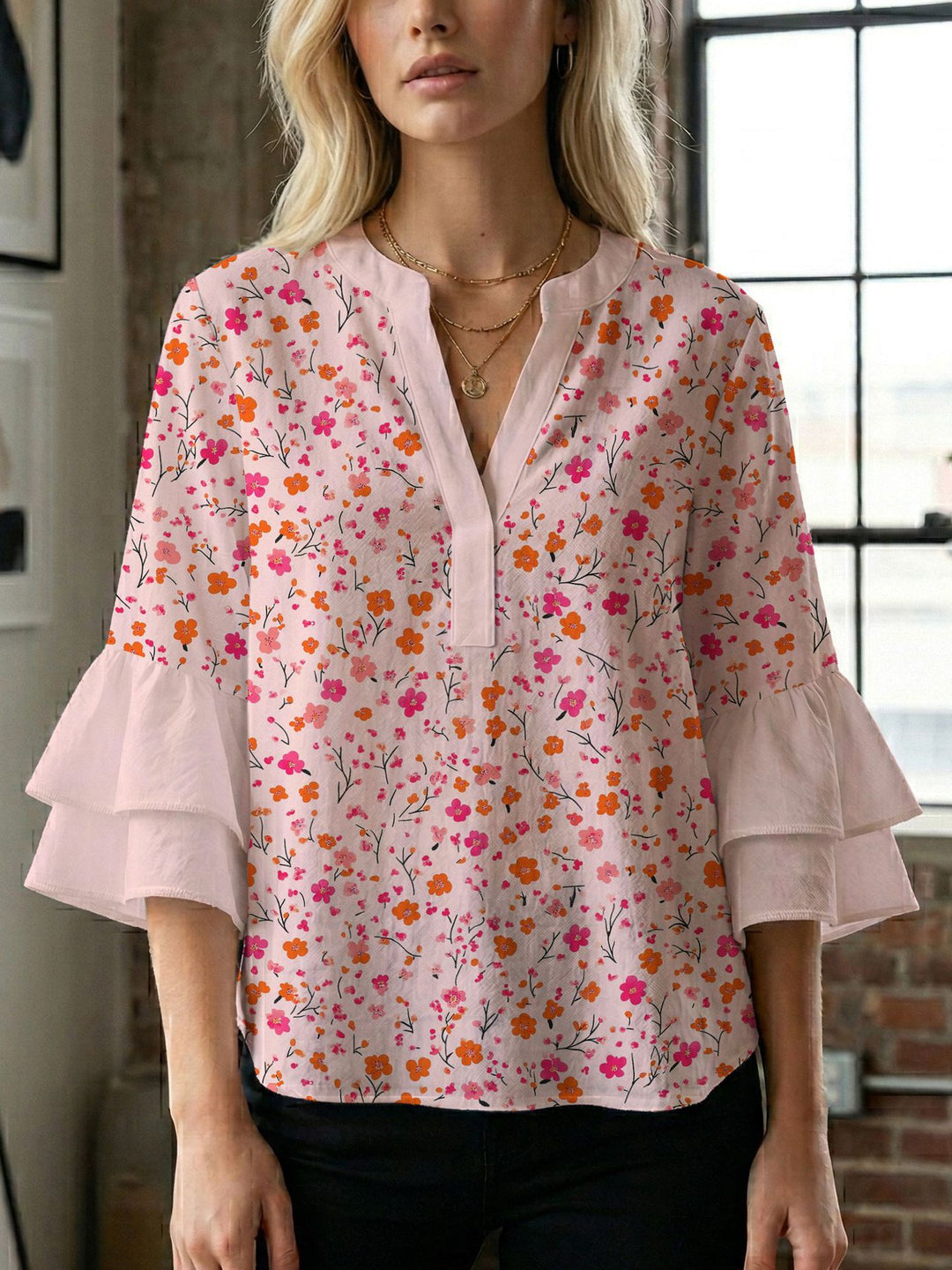 Women's blouse shirt with voluminous sleeves and creative print design Lisslune