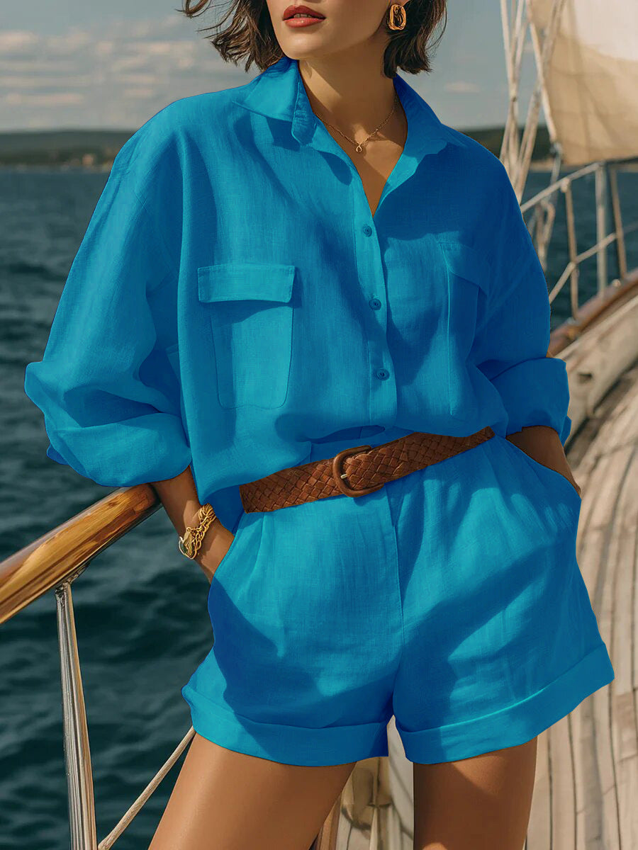 Women's Airy Short Sleeve Shirt and Shorts Set Lisslune