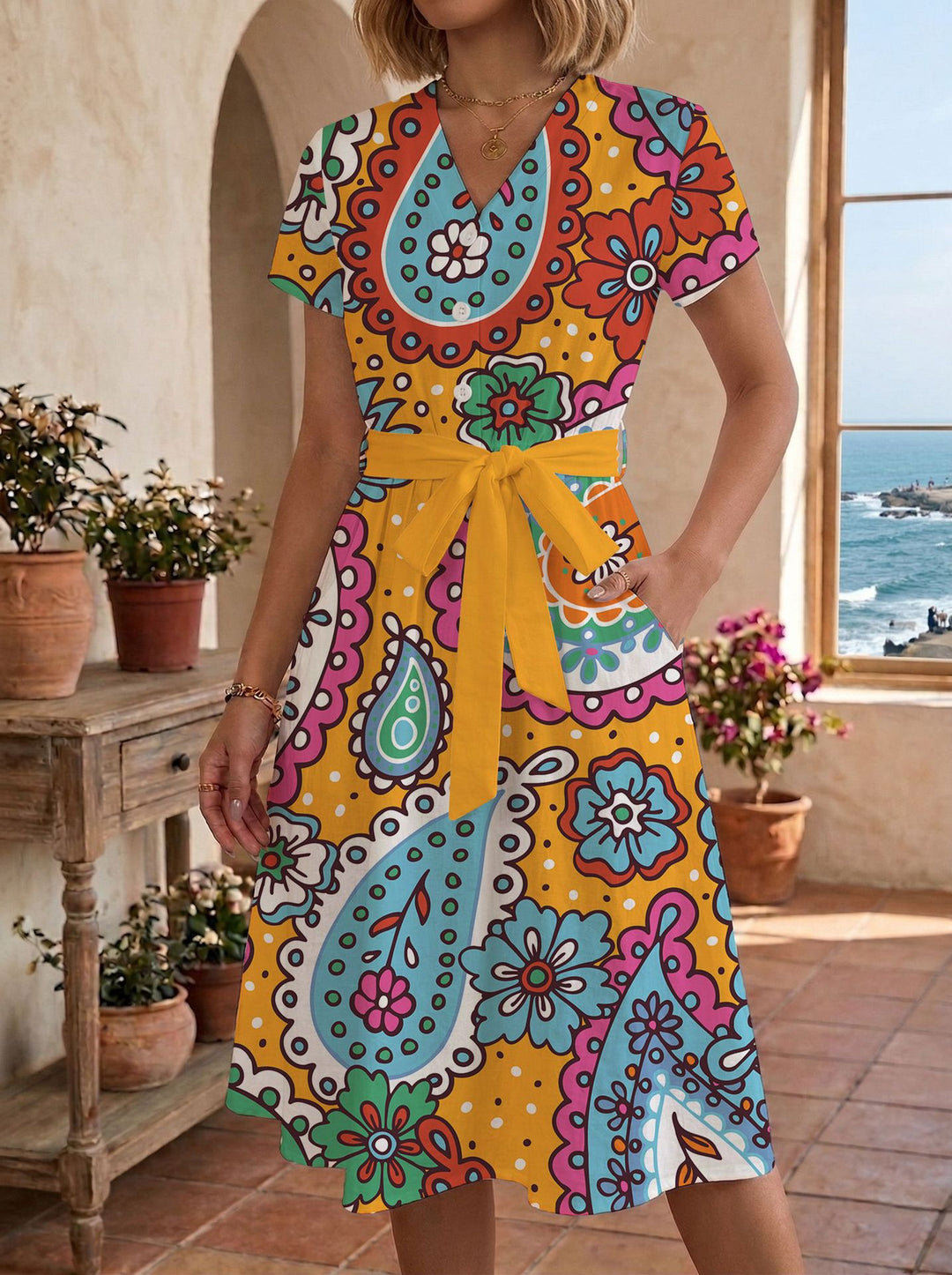 Women's casual maxi dress with adjustable knot and decorative check pattern Lisslune
