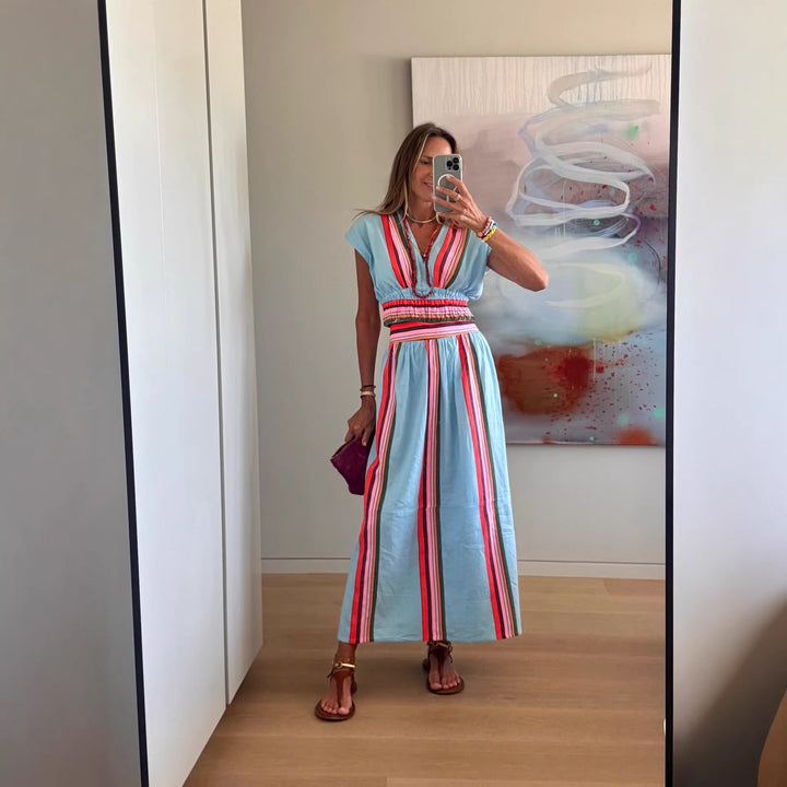 Ladies Beach Maxi Dress with Elastic Waistband and Colorful Striped Pattern Lune London