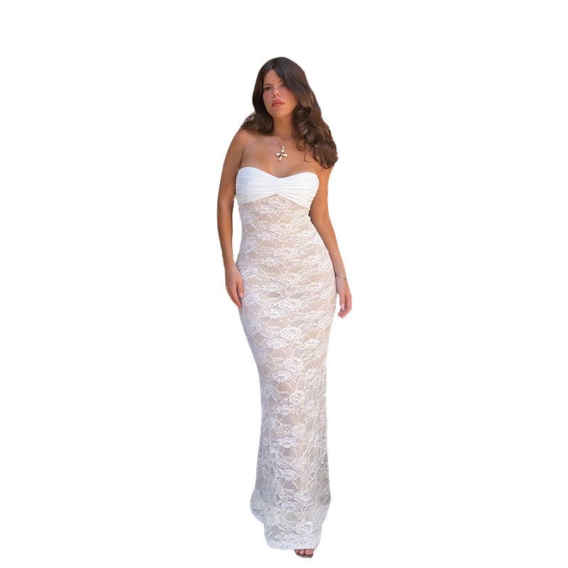 Ladies Corset Maxi Dress with sophisticated lace pattern and strapless design Lune London