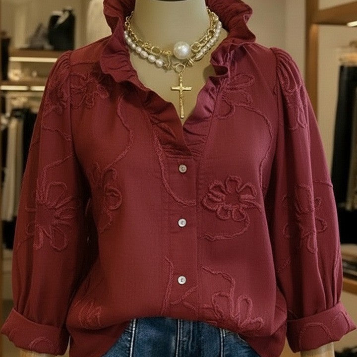 Damen elegante Bluse mit floralen Stickereien und voluminösen Ärmeln Lisslune