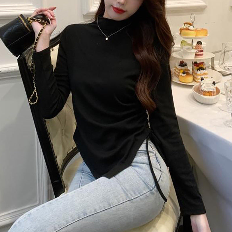 Women's long sleeve top with beautiful wrap design and high collar