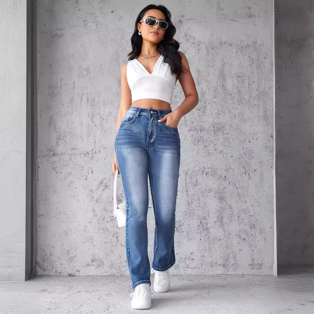Women High-Waist Stretch Jeans with Cut Hem Lisslune
