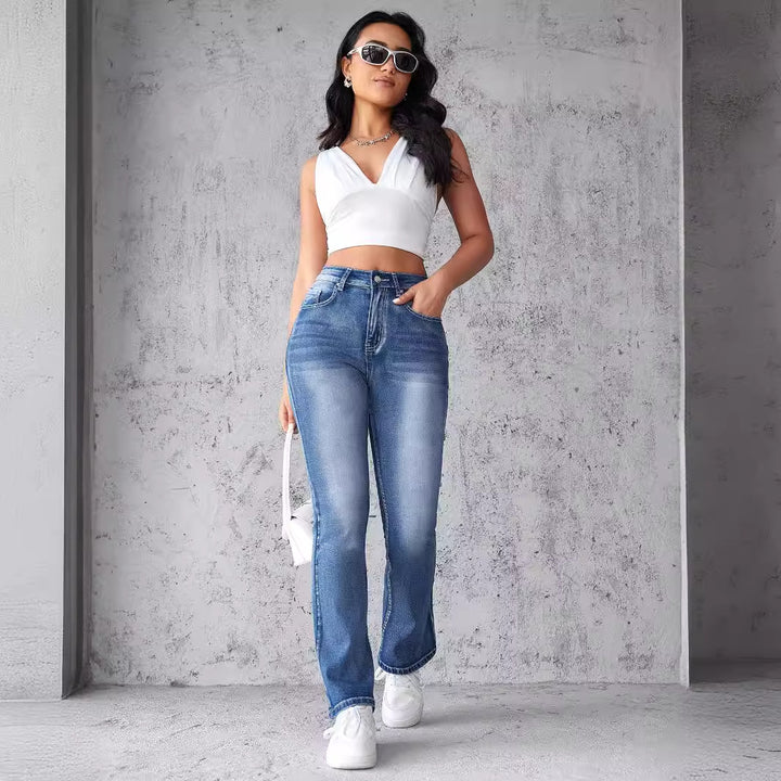 Women High-Waist Stretch Jeans with Cut Hem Lisslune