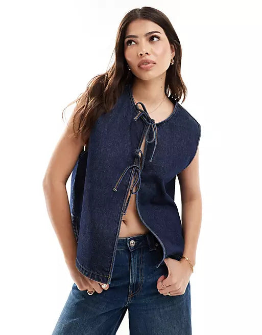 Women's Denim Bustier Vest with Lacing Lisslune