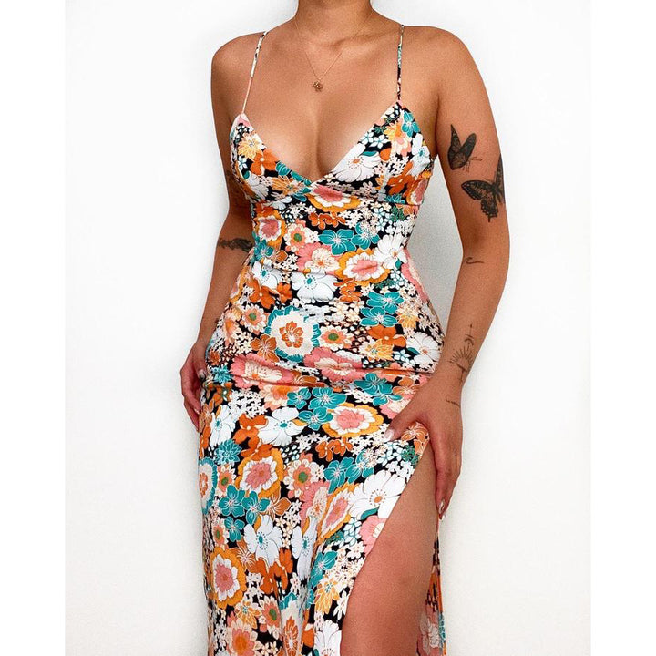 Ladies maxi dress with deep V-neck and side slit Lune London