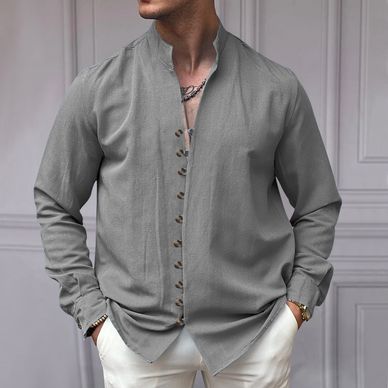 Men's long sleeve shirt with stand-up collar and stylish button details Lisslune