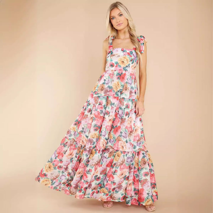 Women's Boho Maxi Dress with Playful Ruffle Details and Straps Lune London