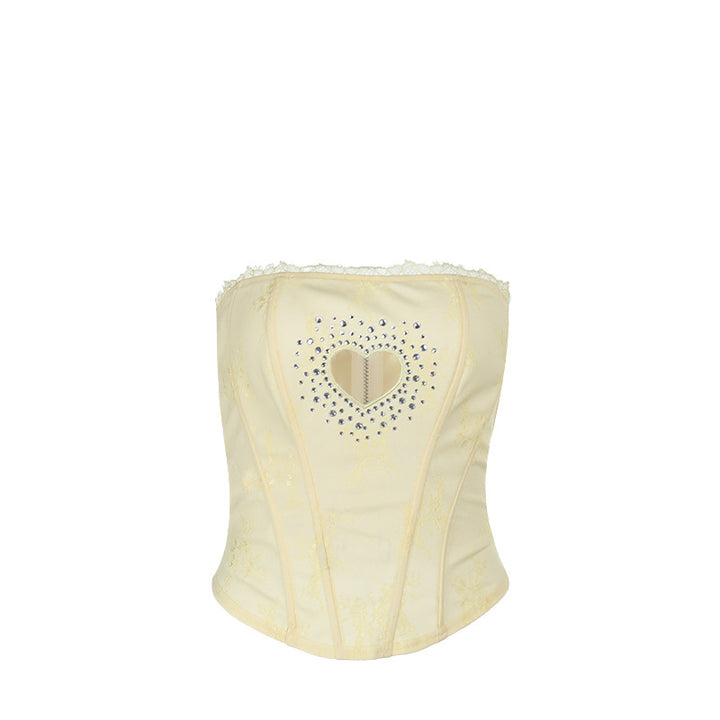 Ladies corset top with heart-shaped neckline and delicate lace embellishments