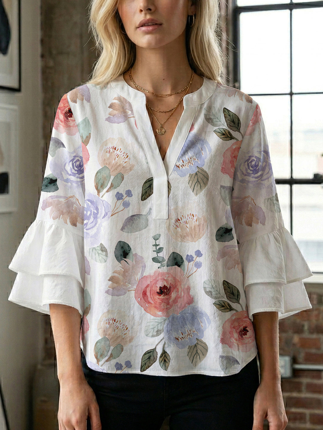 Women Elegant Top with Voluminous Puff Sleeves and Floral Print Lisslune