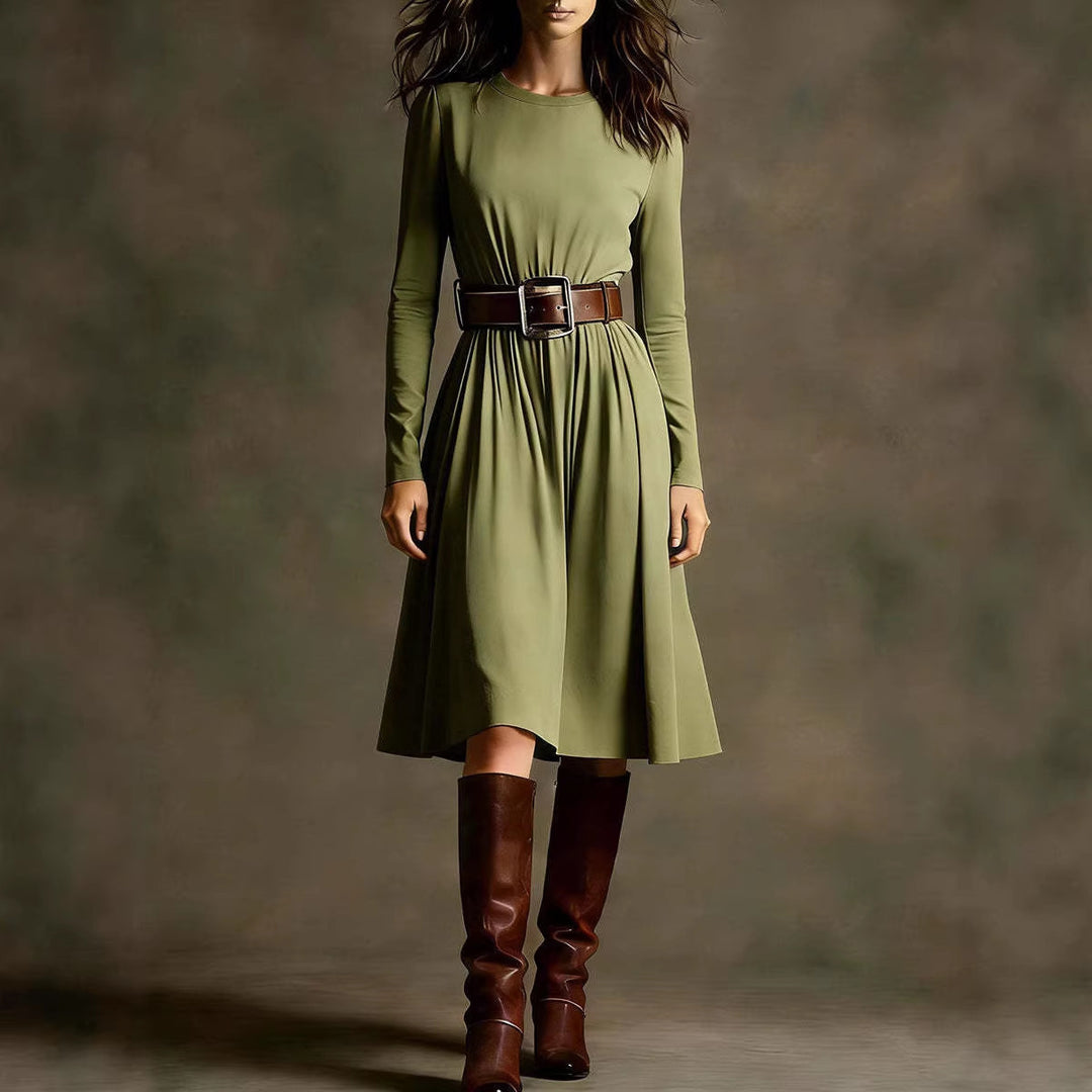 Women Elegant Dress with Long Sleeve and Waist Belt Lisslune