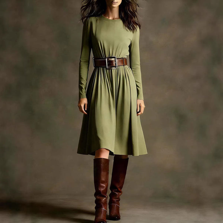 Women Elegant Dress with Long Sleeve and Waist Belt Lisslune
