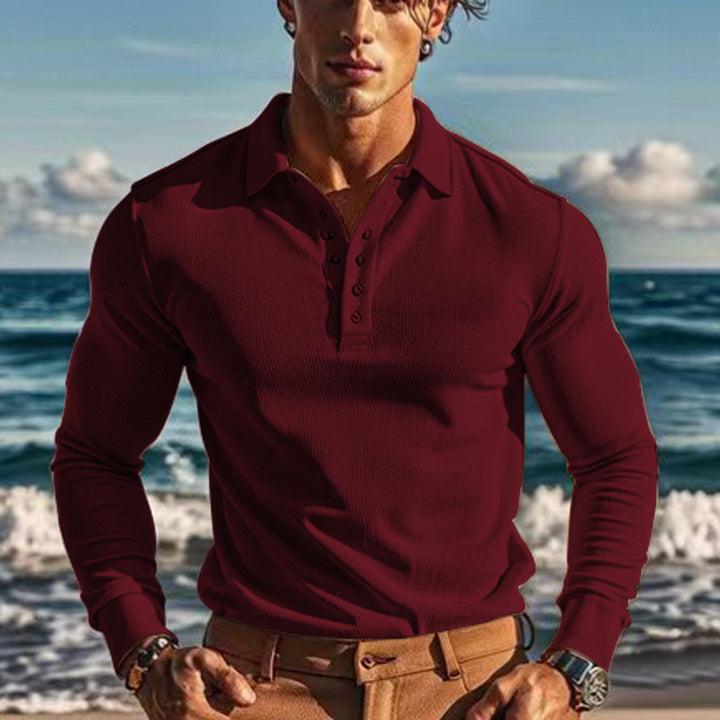 Men's elegant long sleeve polo with button placket and textured design Lisslune