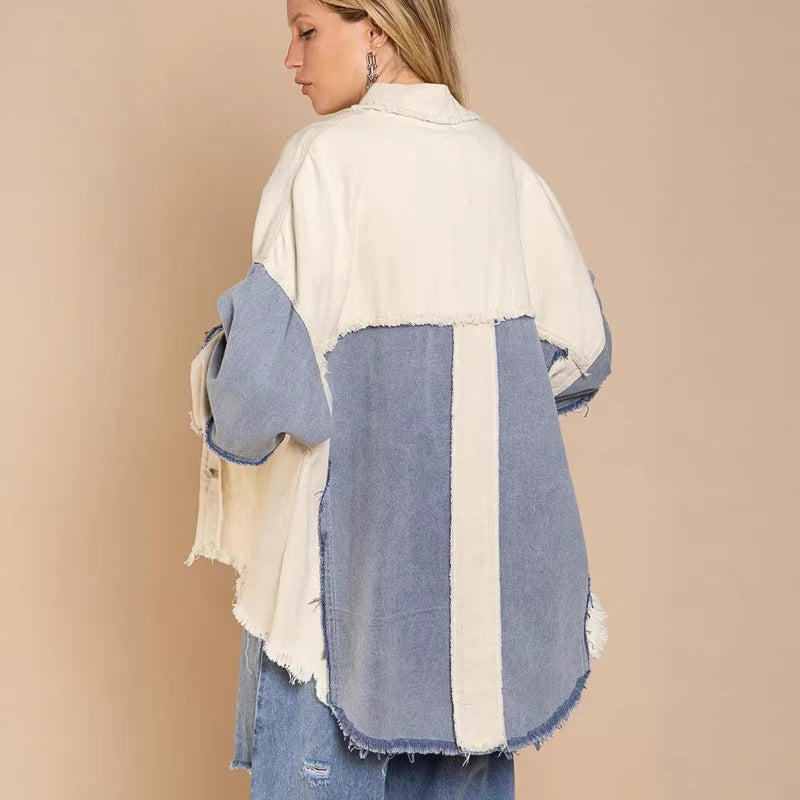 Women's Oversized Denim Jacket with Unique Color Blocks and Fringed Details Lisslune