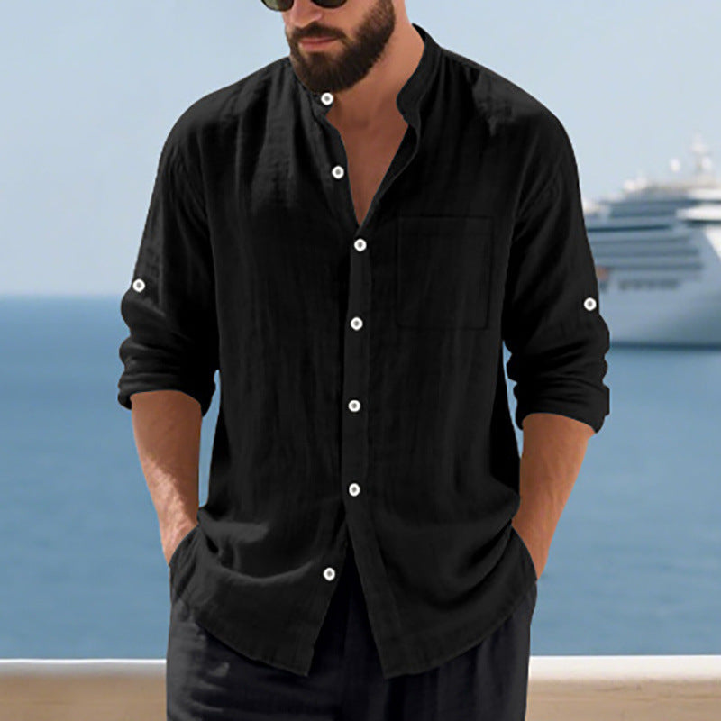 Men's linen shirt with modern stand-up collar and practical breast pocket Lisslune