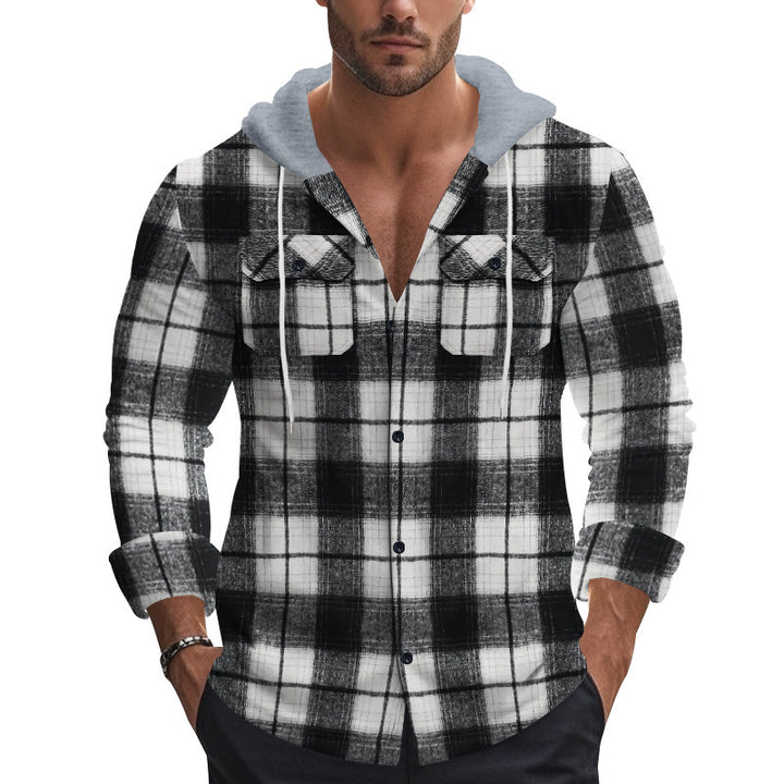 Men's Long Sleeve Shirt with Hoodie and Check Pattern Lisslune