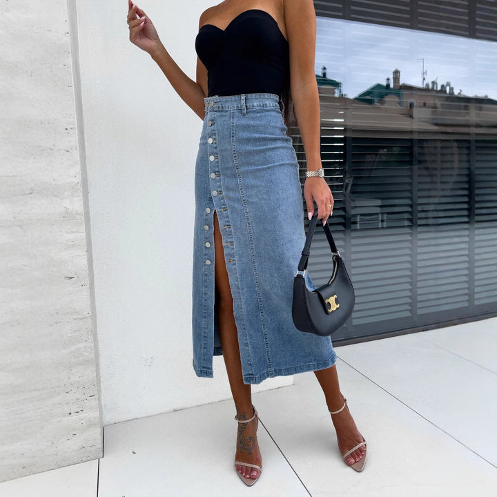 Women's Long Denim Skirt with Side Slit and Button Details Lisslune