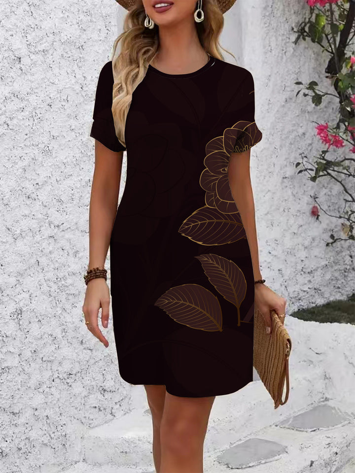 Women Short Sleeve Dress with Floral Line Pattern Lisslune
