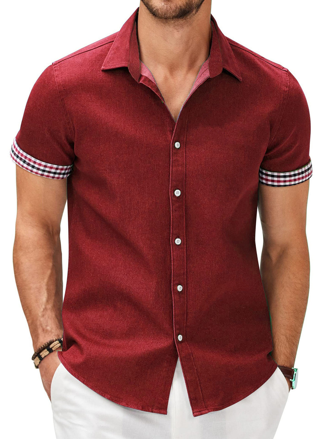 Men's short-sleeve shirt with a modern denim look and stylish checkered pattern Lisslune