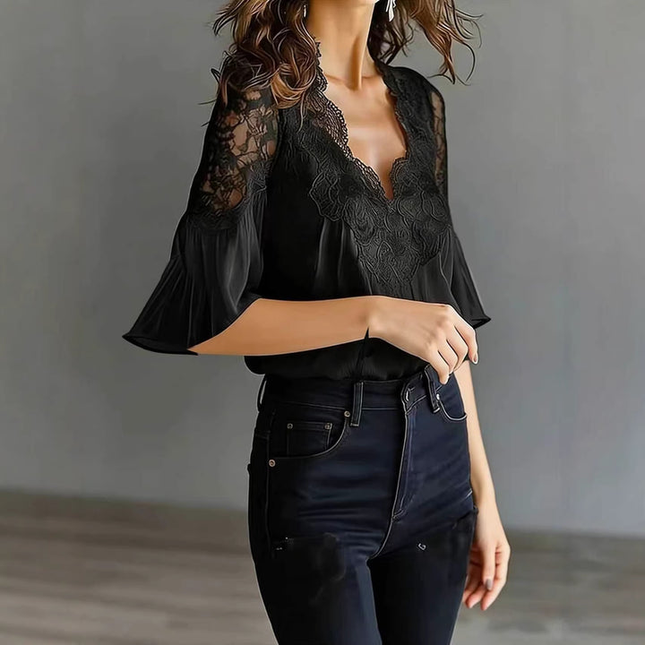 Damen elegante Bluse mit Spitzeneinsatz und Volantärmeln Lisslune